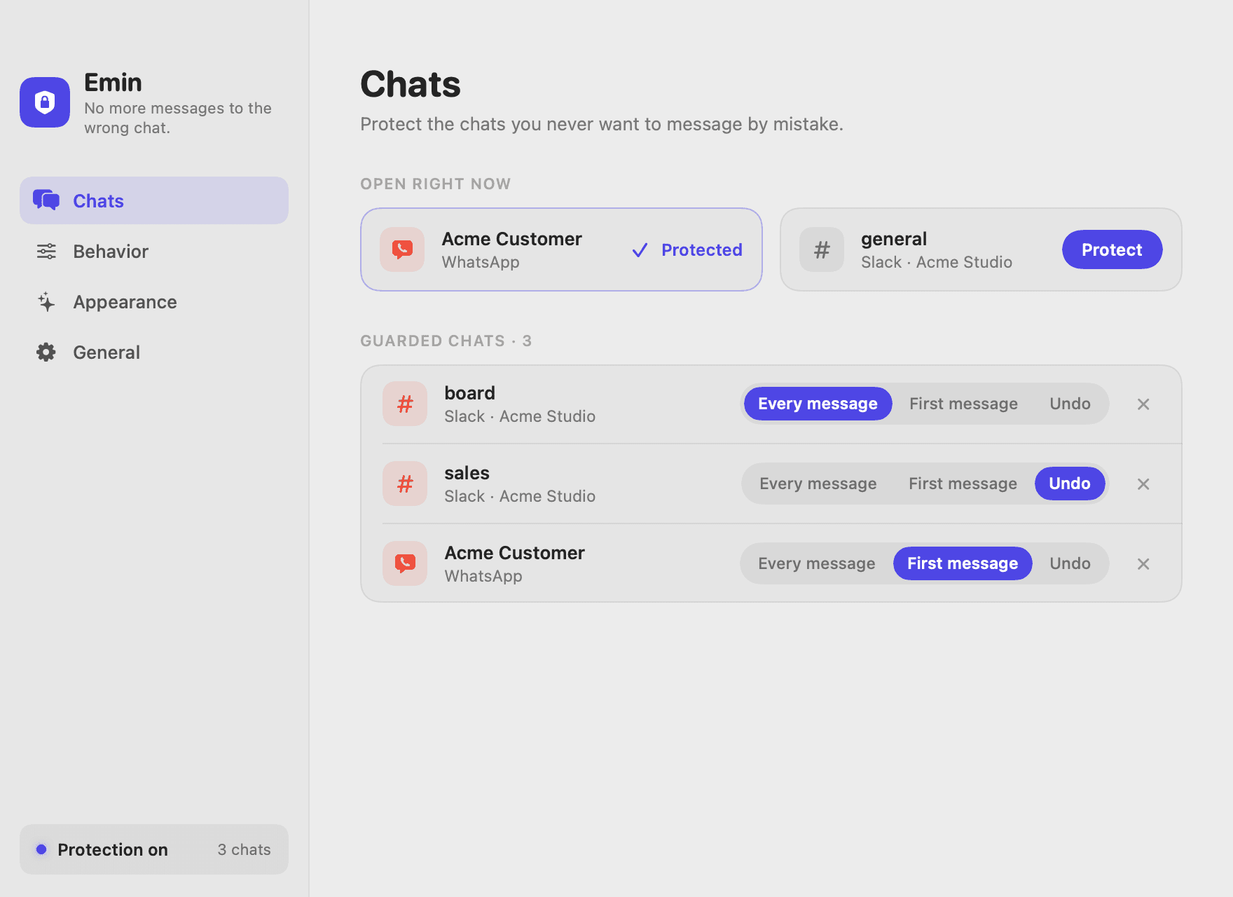 Chats settings with three guarded chats
