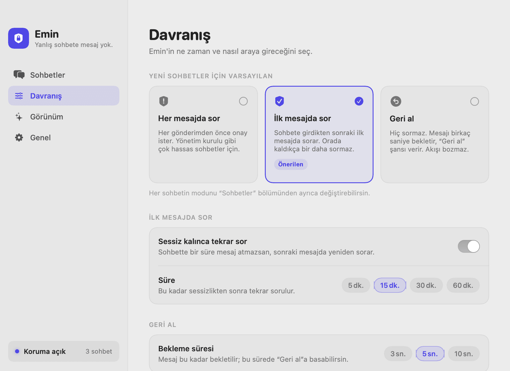 Üç modla davranış ayarları